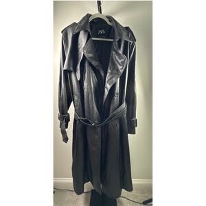 Zara Trench Coat Women L Black Excellent Faux Leather Belted Double Breasted